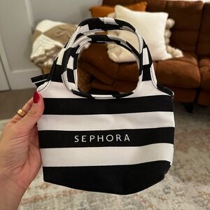 NWOT Sephora Black and White Monochrome Striped Mini Zippered Tote Bag